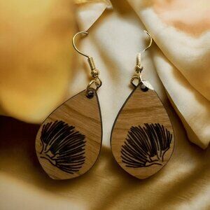 Laser-Engraved Wooden Teardrop Lehua Flower Earrings